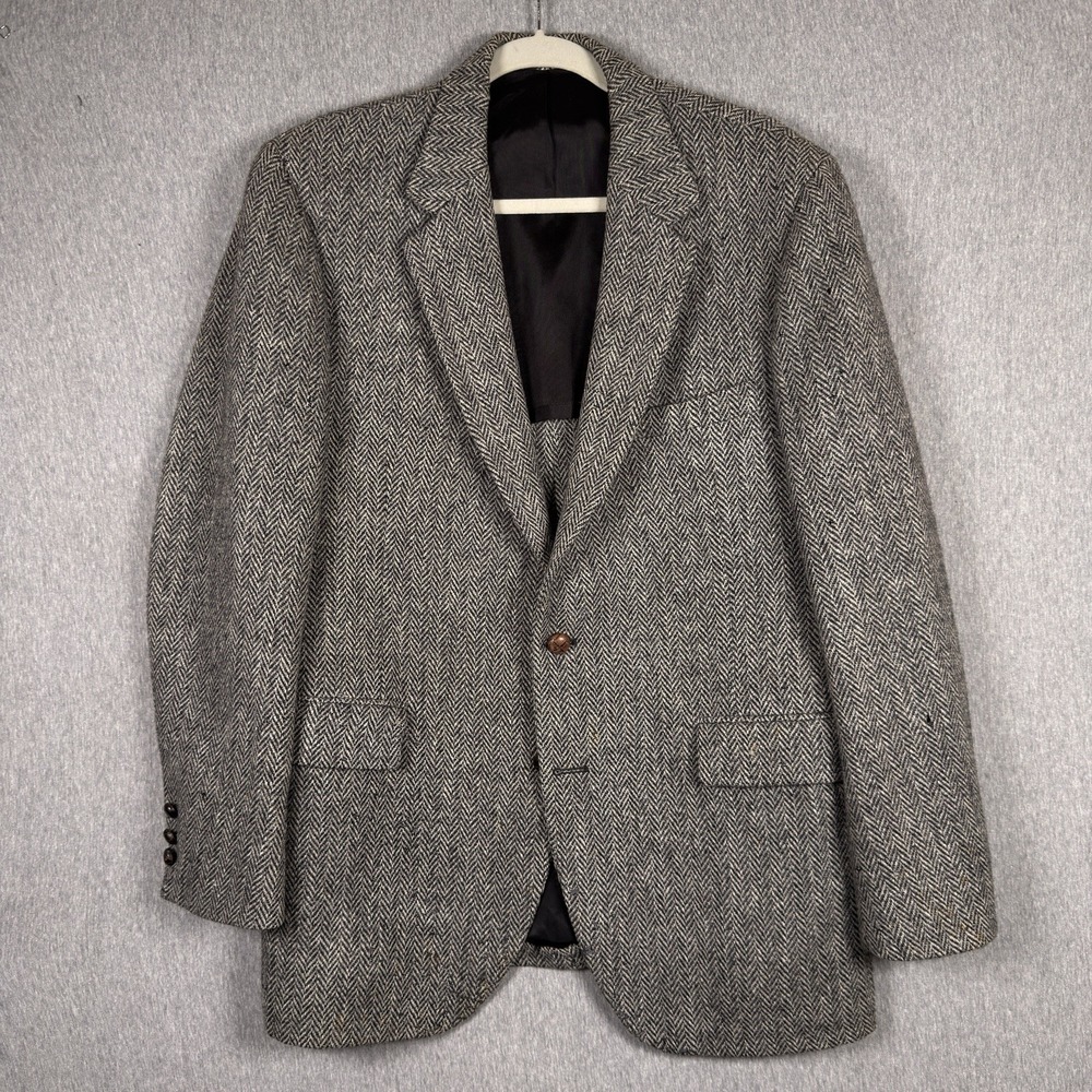 Harris‎ Tweed Blazer Jacket 44 Herringbone Black White Scottish Wool Coat READ